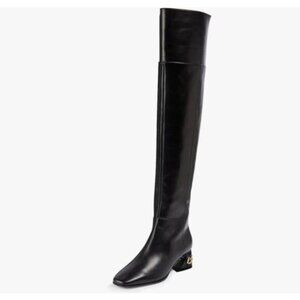 YDN Black Over The Knee High Boots Square Toe Chunky Heels Calf Zipper Shoes